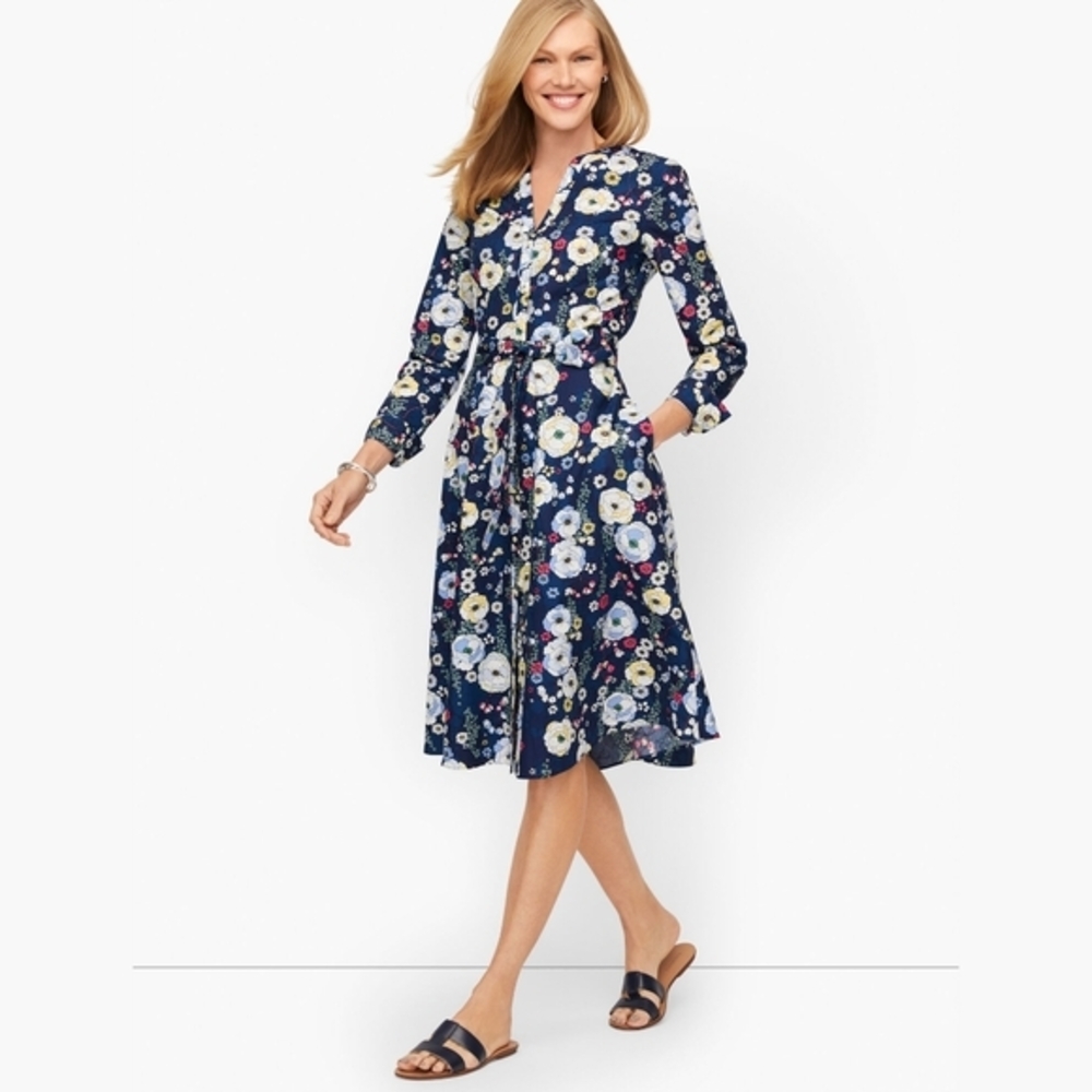 Talbots Petite Navy Floral Cotton Falling Blossoms Belted Shirtdress Long Sleeve